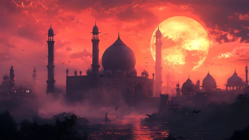 Crimson moonrise ignites mystical domed city in swirling mist