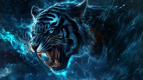 Fiery blue tiger spirit roaring through the cosmic night.