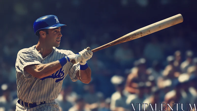 Sunlit baseball slugger in striped uniform mid swing.