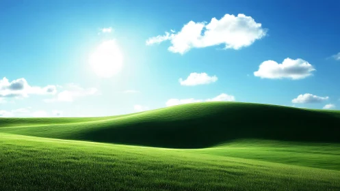 Sunlit emerald hills rolling under polished blue skies.