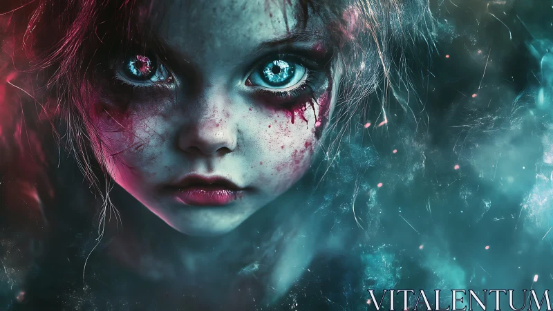 Starlit ghost child stares through blood-kissed nebula haze.