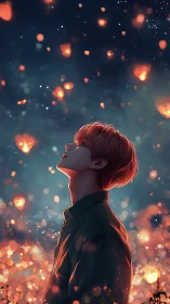 Soft stargazer in a lantern-lit dusk sky of embers.