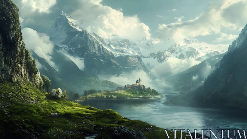 High-altitude alpine valley village beside glacial river bend