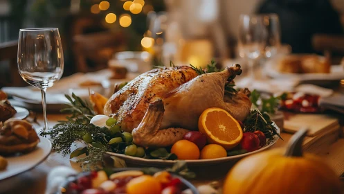Golden roasted turkey anchors a cozy holiday dinner table.