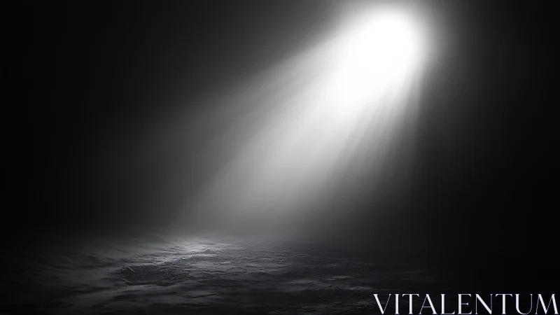 Single overhead spotlight penetrates cavernous darkness with haze