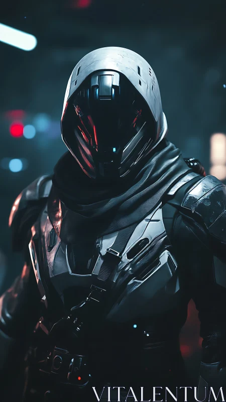 Midnight sentinel in chrome armor stalks neon starpaths.