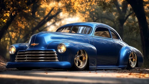 Glossy blue classic cruiser glows in golden forest light.