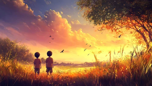 Childhood silhouettes under radiant sunset meadow sky.