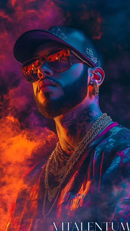 Portrait shows tattooed man in cap amid neon smoke lighting