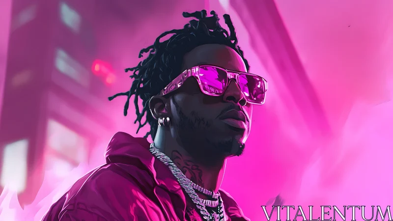 Neon drenched portrait of a stylish man in glowing magenta haze