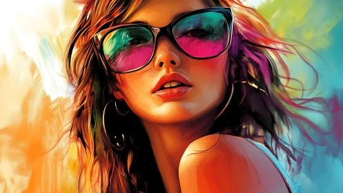 Digital portrait of woman in sunglasses with vivid colors.