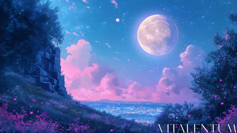 Lunar-illuminated valley city under bioluminescent hillside sky