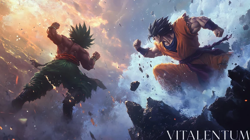 Two anime warriors collide amid exploding sky and stone