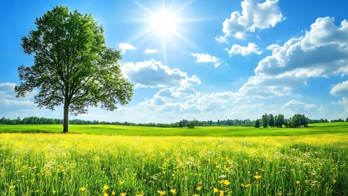 Solitary tree over yellow field under clear midday sun.