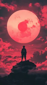 Silhouetted warrior under concentric neon eclipse anomaly.