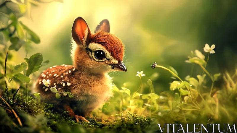 Young fawn rests in luminous forest clearing among clover