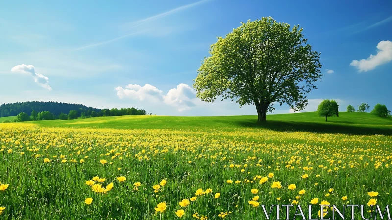 Solitary deciduous tree on yellow wildflower meadow under sky.