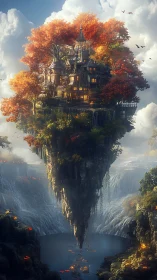 Enchanted Castle Suspended on Autumn-Crowned Cliff Tower