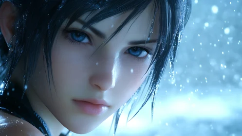 Close digital portrait studies wet-haired subject in snowfall