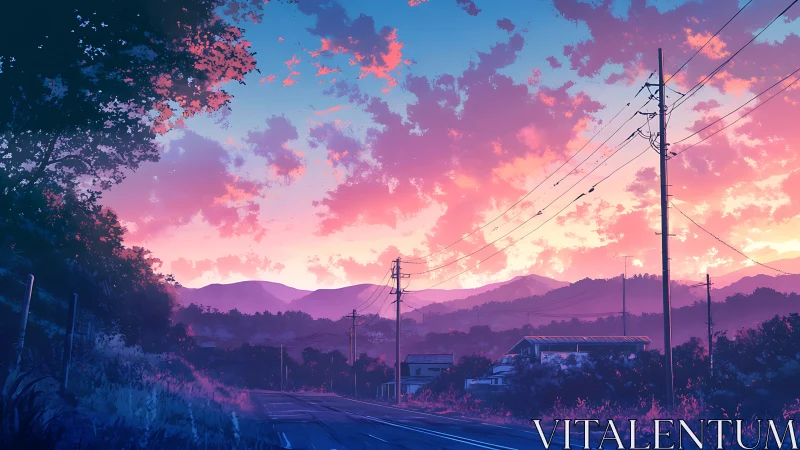 Twilight highway drifts beneath candy-cloud mountain skies.