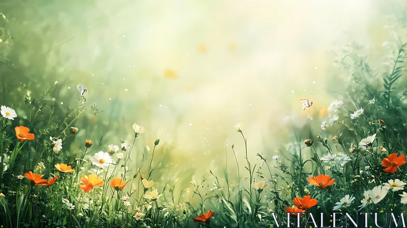 Wild flowers with daisies, calendulas bloom in soft green meadow.