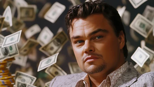 Confident money king amid swirling dollar storm portrait.