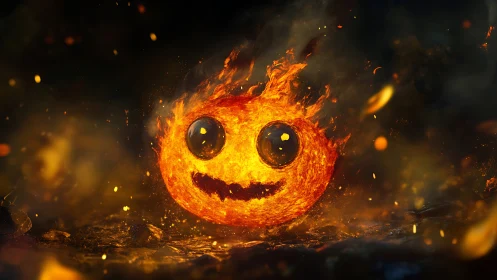 Fire sphere with smiling face and glowing eyes in flames