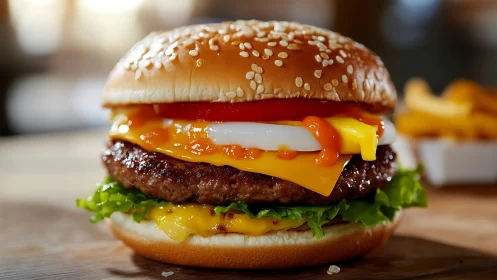 Stacked cheeseburger with toppings on wooden surface.