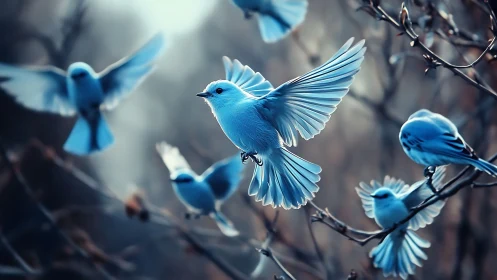 Flock of Blue Birds in Flight over Branches, Soft Focus Artwork.