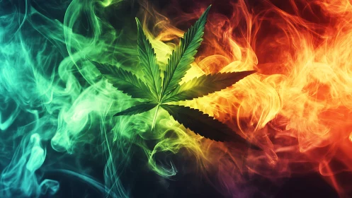 Cannabis leaf centered in multicolor swirling smoke art.