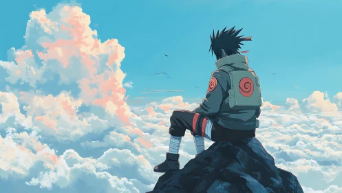 Anime boy on mountain peak above glowing cloud sea.