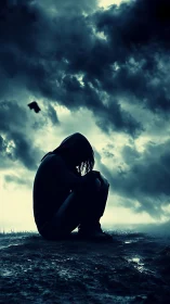 Solitary hooded figure contemplates under turbulent storm clouds