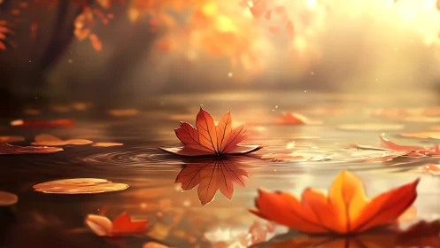Autumn leaf afloat on rippling water in warm backlighting