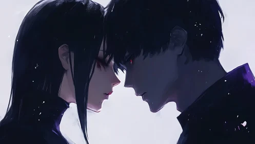 Dark haired couple in close, tense anime profile pose.