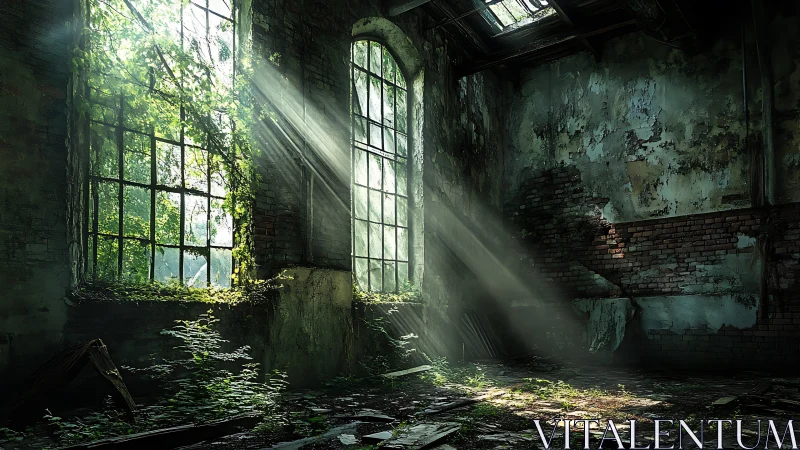 Sunlit overgrown factory interior with decayed brick walls.