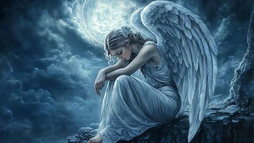 Moonlit sorrowful angel resting on rocky precipice at night.
