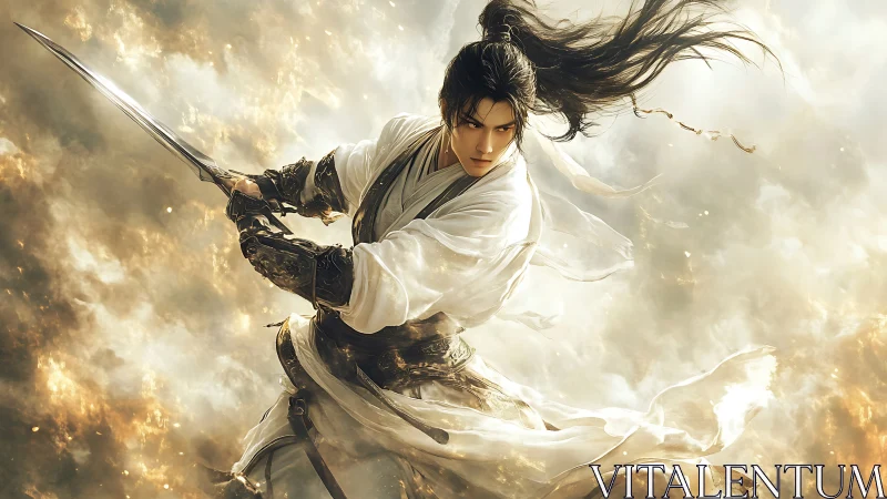 Stormwreathed swordmaster in swirling golden cloudscape.