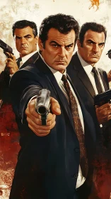 Triangulated mafia gunmen in frontal foreshortened standoff