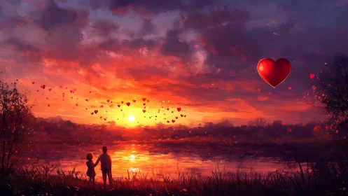 Couple silhouetted against sunset with floating hearts in sky