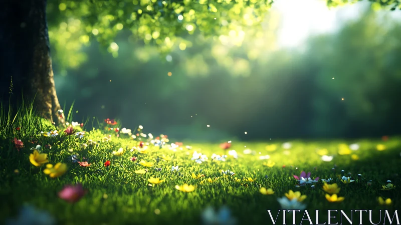 Sunlit wildflower meadow glows beneath soft spring canopy