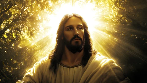 Gentle, radiant figure bathed in warm golden forest light.