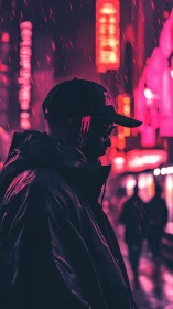 Man stands in neon lit rain wearing hooded jacket and cap