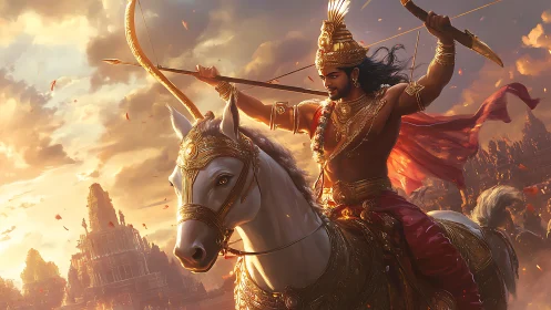 Sunlit warrior prince on radiant warhorse before burning realms.