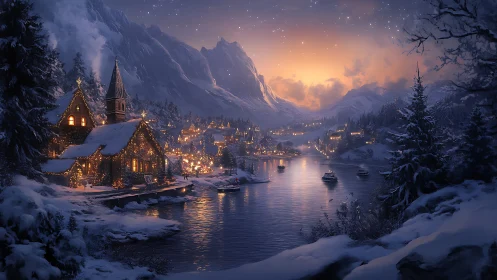 Snowbound alpine village harbor at dusk with festive lighting