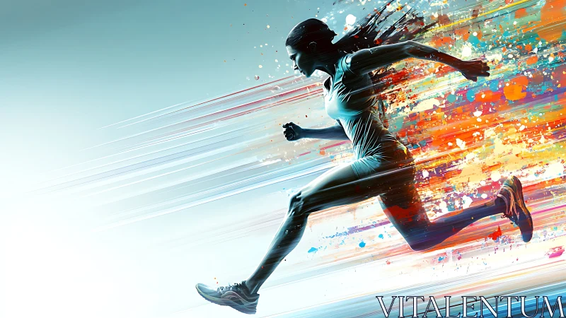 Dynamic female runner sprints through explosive color trails.
