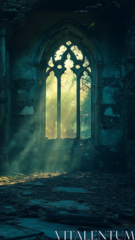 Sunlit gothic window illuminates abandoned stone chapel
