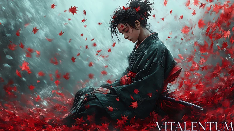 Samurai meditates amid turbulent red maple leaves in shallow depth
