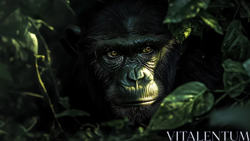 Gorilla portrait in shadowed jungle foliage light.