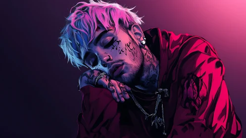 Neon-lit tattooed figure resting in vivid magenta haze.