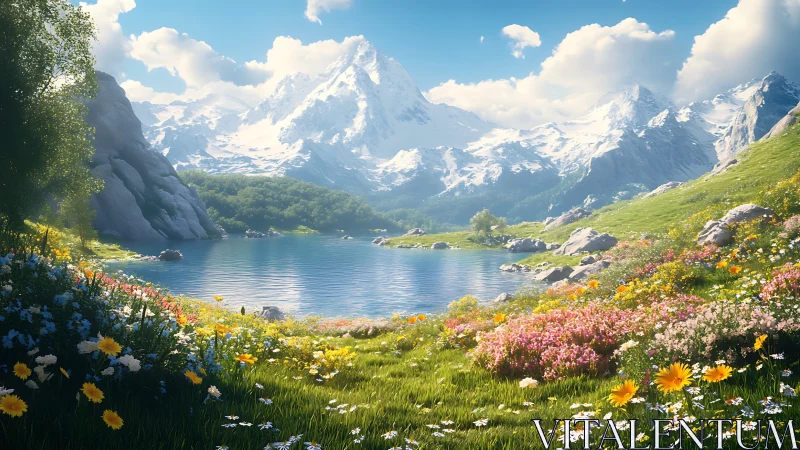 Mountain lake with wildflower meadow under clear sky.